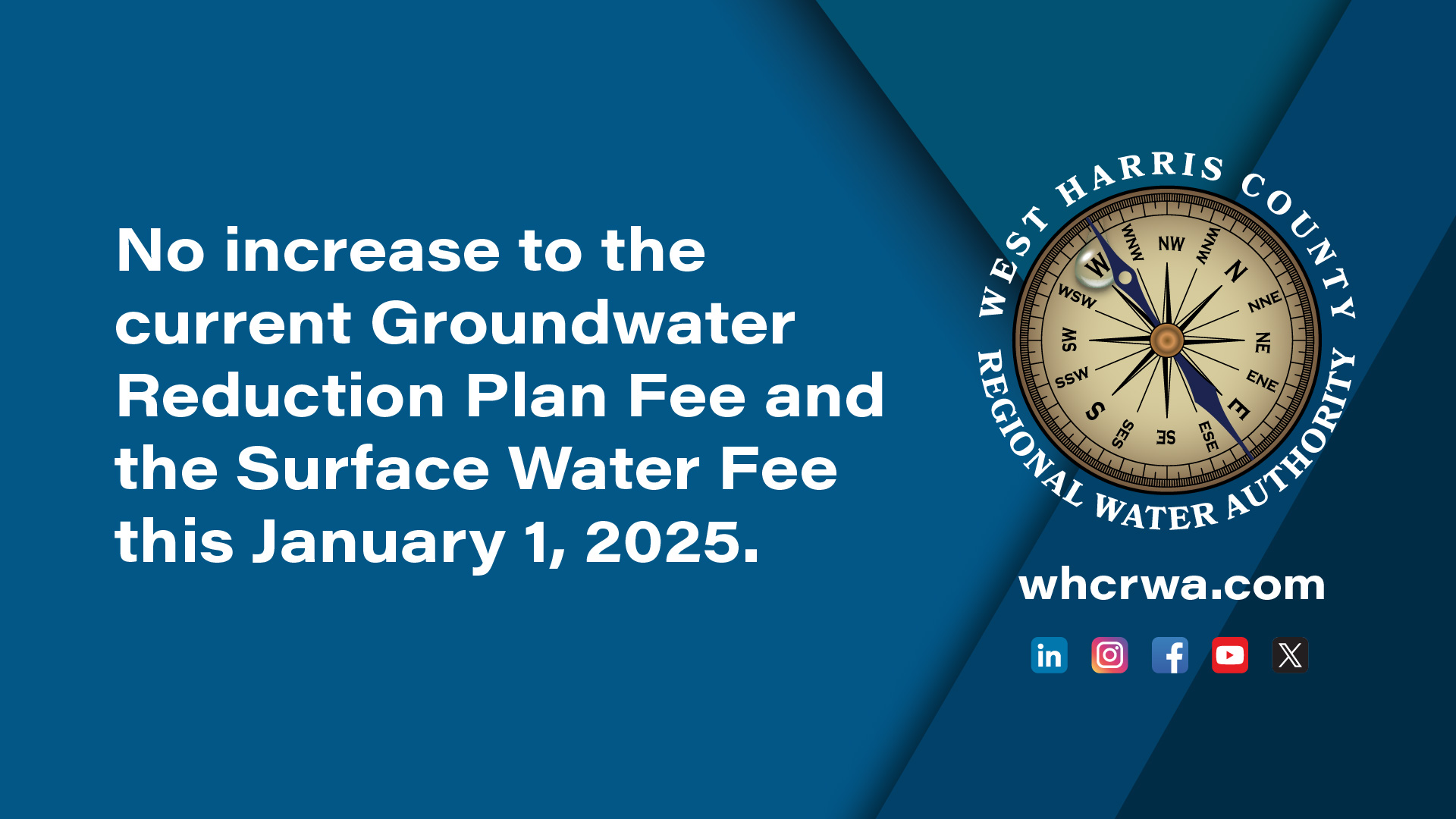 WHCRWA Board is pleased to report that there will be no increase to the current Groundwater and the Surface Water Fee this January 1, 2025.